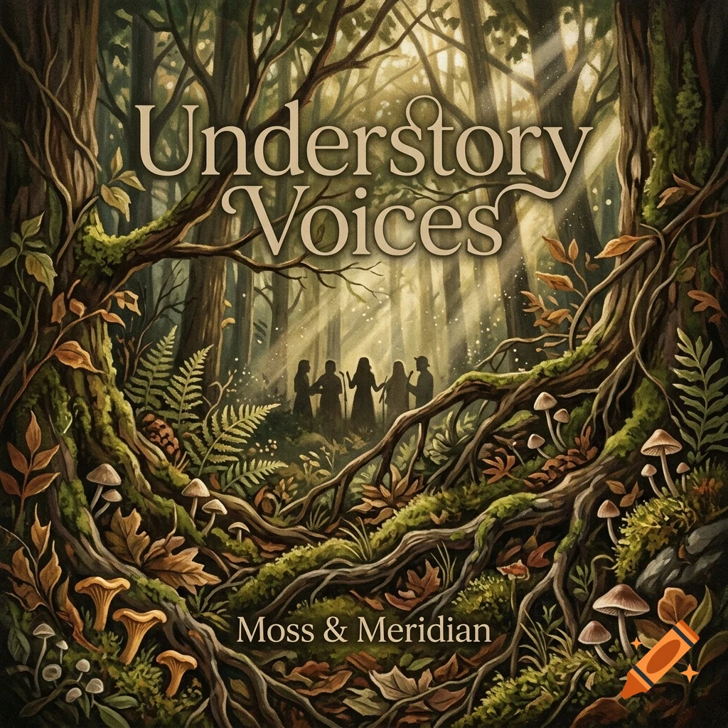 An illustrated forest scene featuring large trees, roots, mushrooms, ferns, and silhouettes of people in the background, with text reading Understory Voices and Moss & Meridian.
