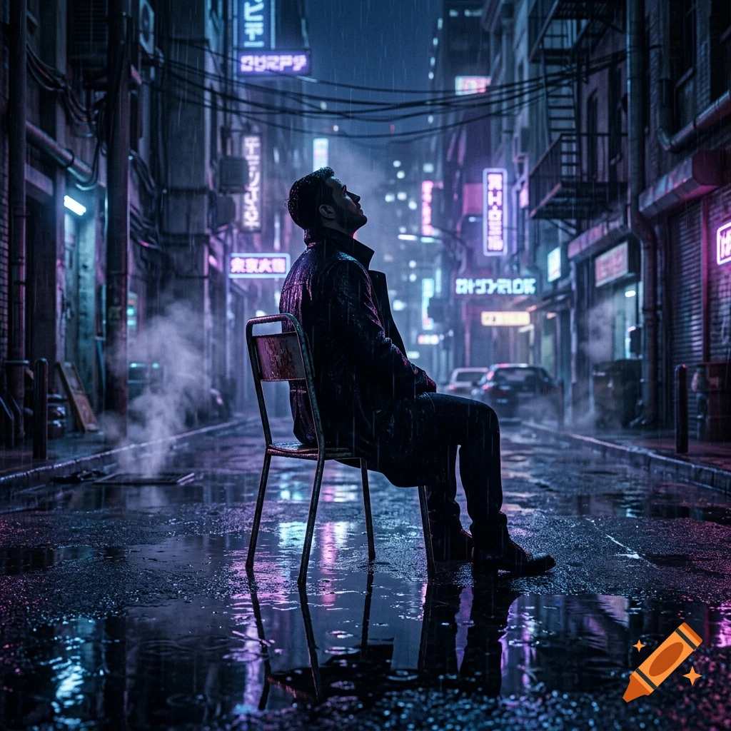 A man in a dark coat sits on a metal chair in a rainy cyberpunk alleyway filled with glowing neon signs.