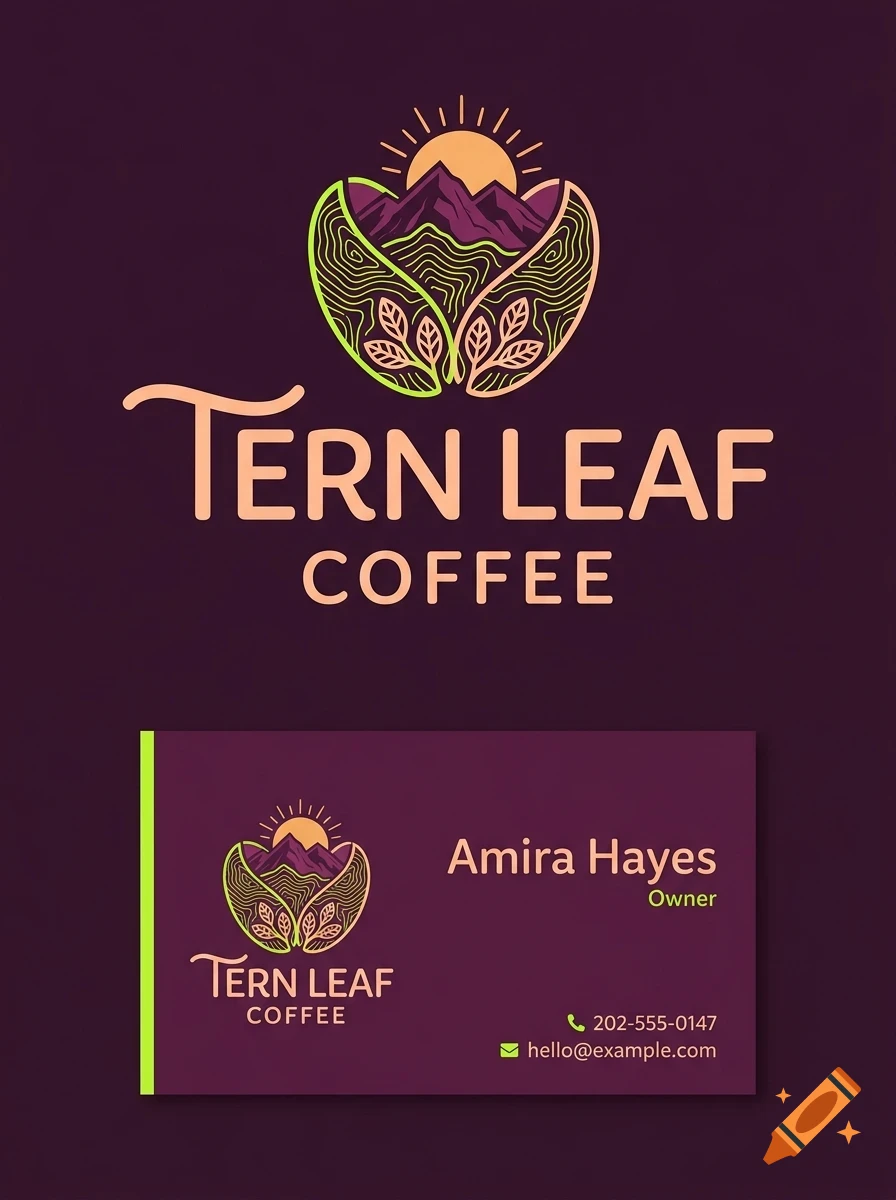 A logo and business card for Tern Leaf Coffee featuring a graphic of mountains, leaves, and a sun over purple and peach tones.