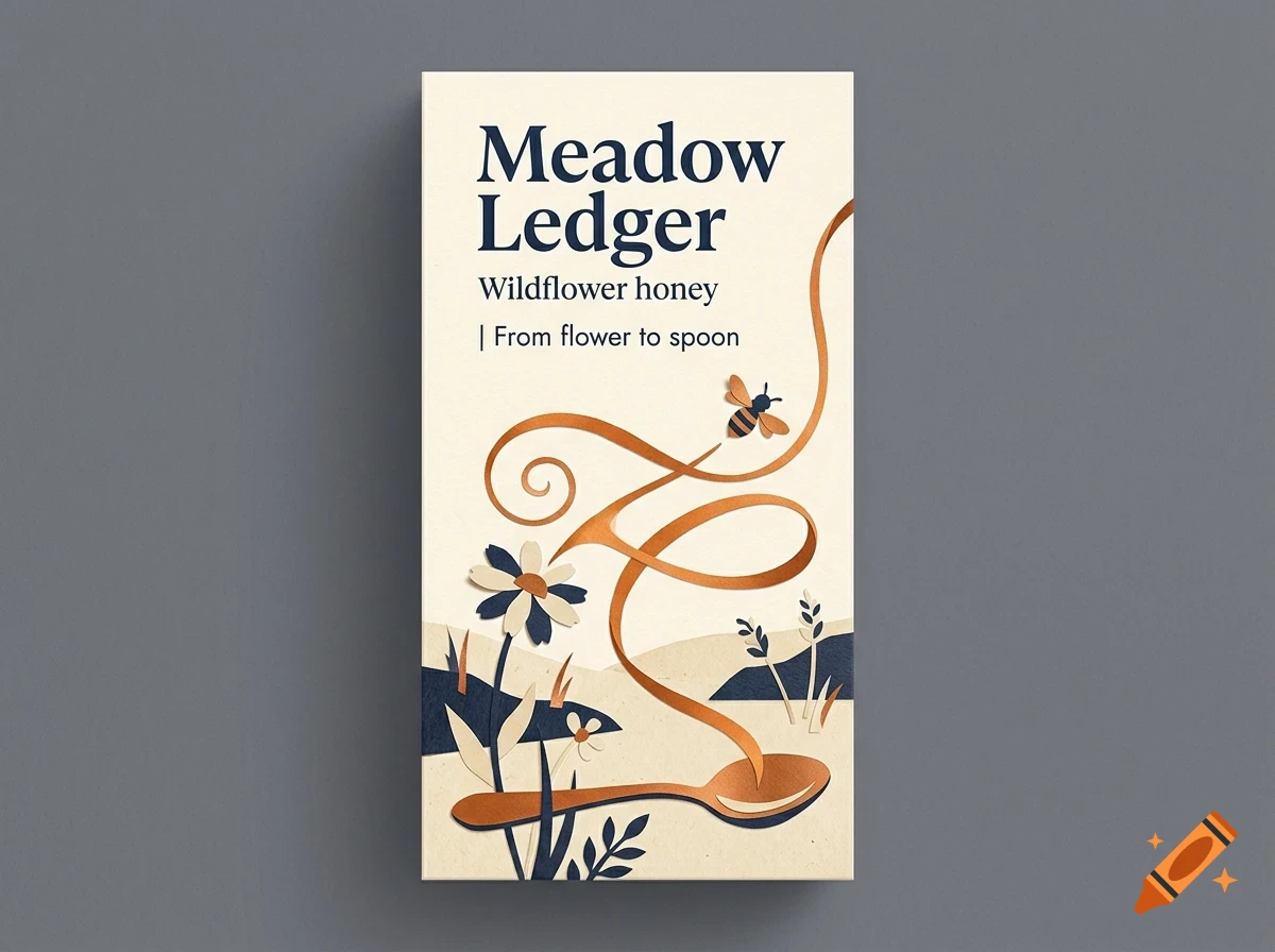 A product design featuring a stylized bee, flower, and a honey-filled spoon with text reading Meadow Ledger.