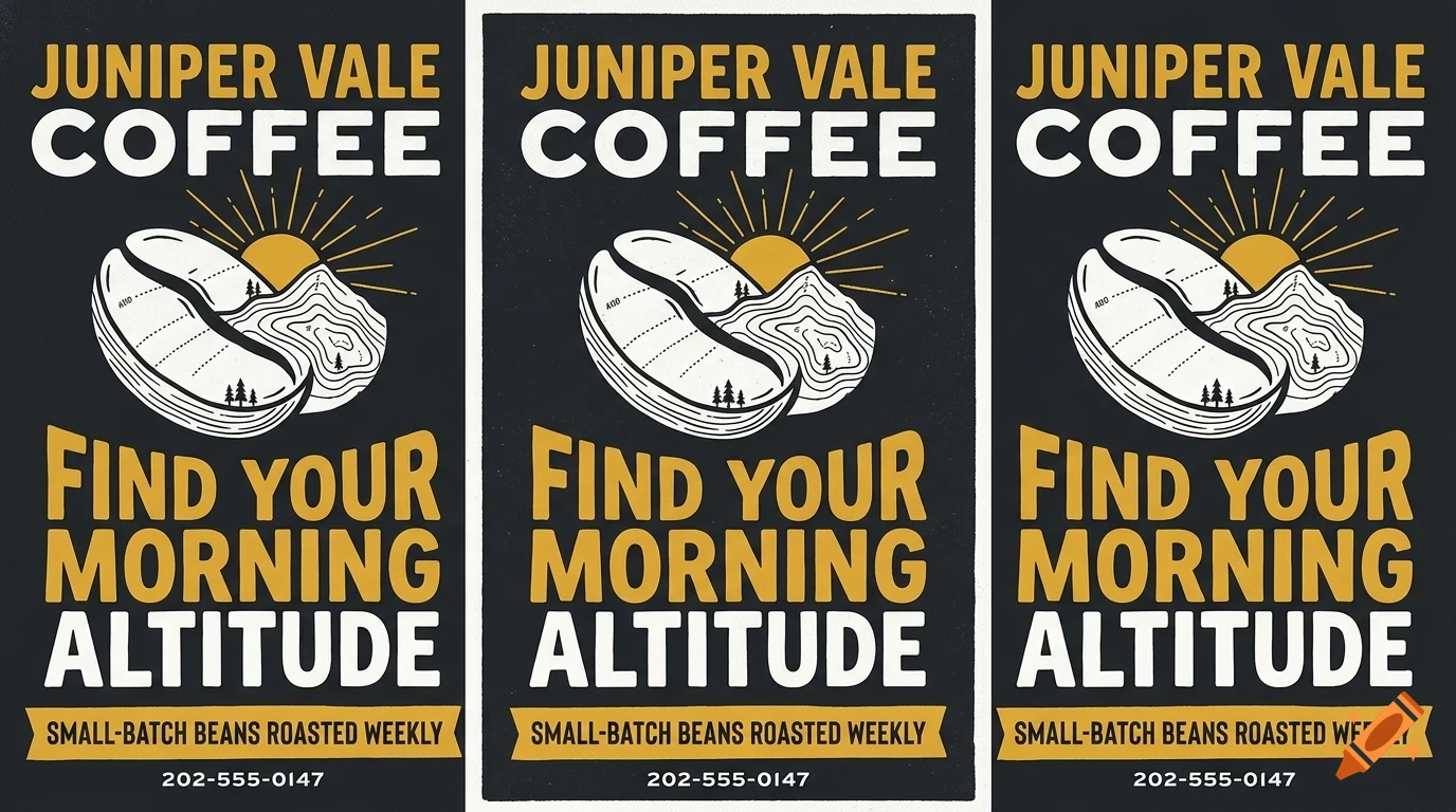 Three identical promotional posters for Juniper Vale Coffee featuring a stylized coffee bean with a mountain and sun graphic, with bold text reading FIND YOUR MORNING ALTITUDE.