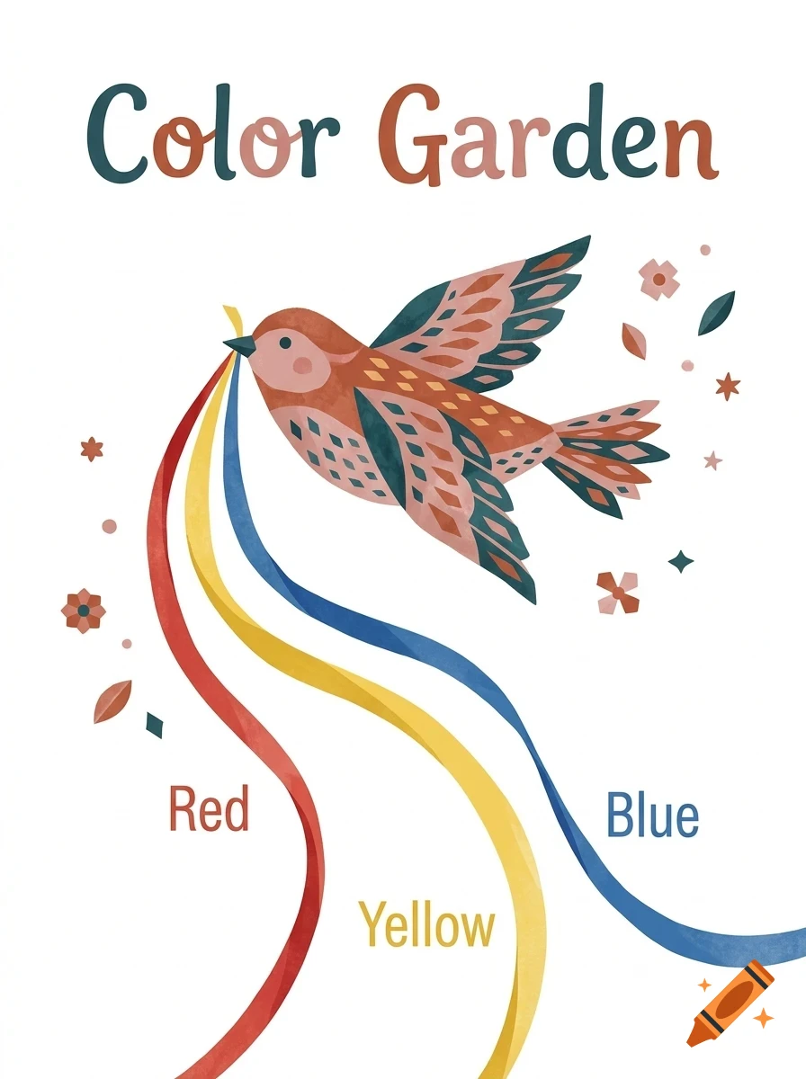 An illustrated bird in flight holding three colored ribbons, with the text Color Garden at the top and Red, Yellow, Blue labels.