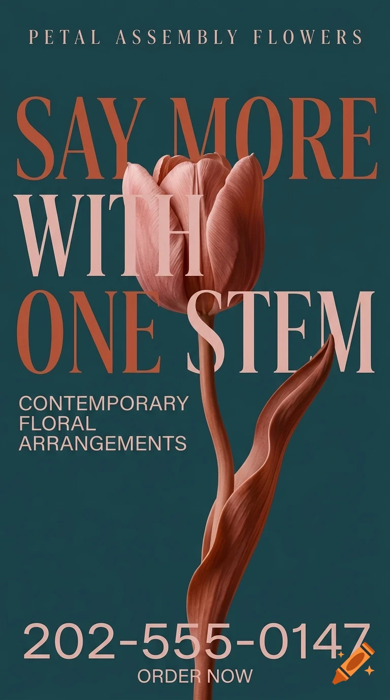 An advertisement for Petal Assembly Flowers featuring a single tulip and the text SAY MORE WITH ONE STEM against a dark teal background.