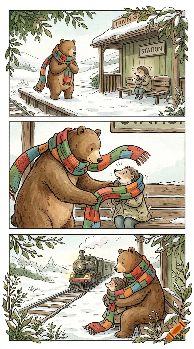 A comic strip showing a friendly bear sharing his colorful scarf with a shivering hedgehog at a snowy train station, as a steam train approaches.