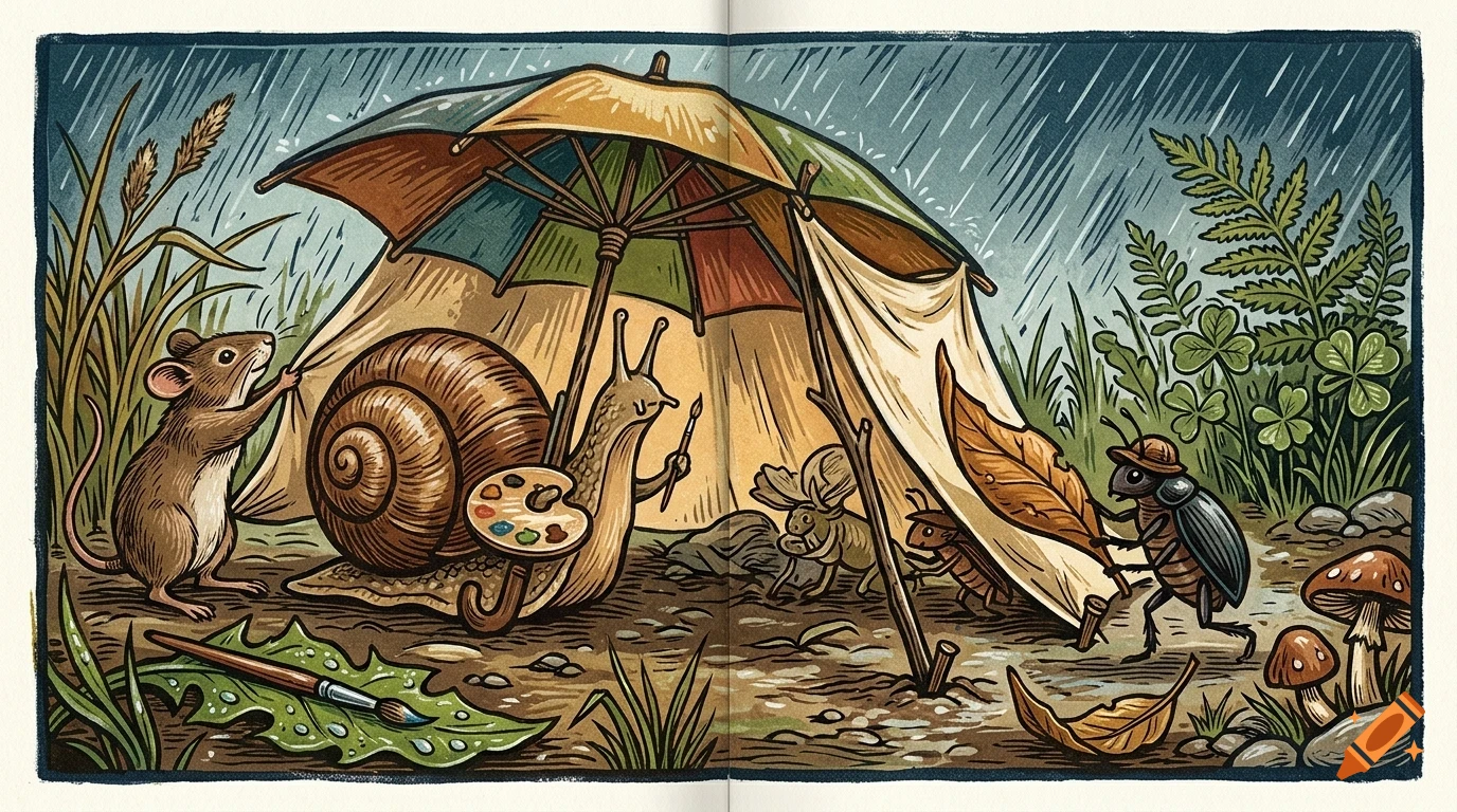 An illustrated book page depicts a mouse holding open a makeshift tent fashioned from an umbrella, while a snail paints on a palette and other small creatures take shelter from the rain.