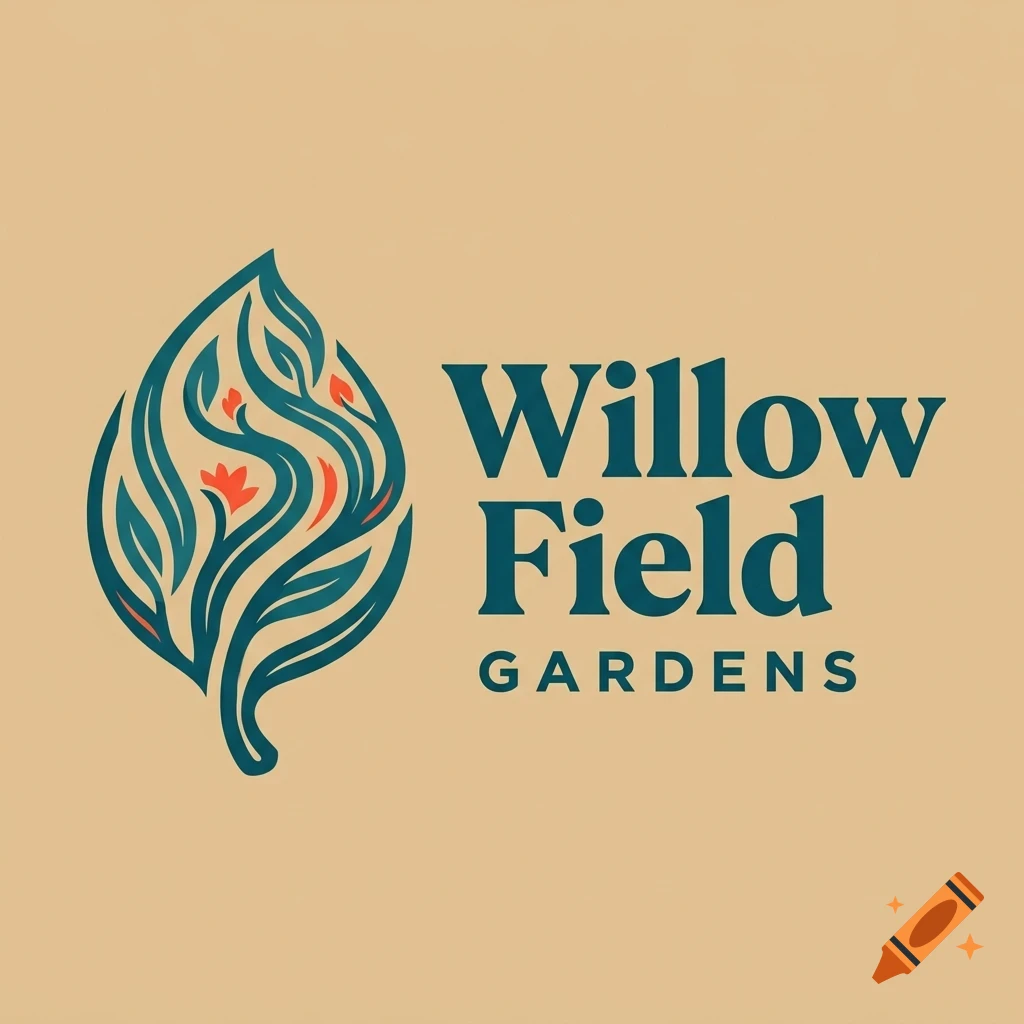 A logo featuring a stylized leaf graphic alongside the text "Willow Field Gardens" in dark teal on a beige background.