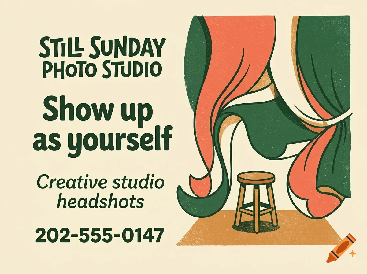 An advertisement for Still Sunday Photo Studio with text, a stool, and stylized curtains.
