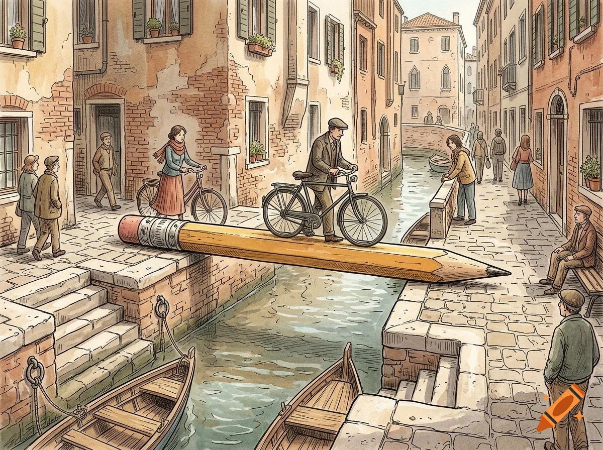 An illustration of a narrow canal street in Venice where a giant pencil serves as a bridge, with a man bicycling across it and people walking nearby.