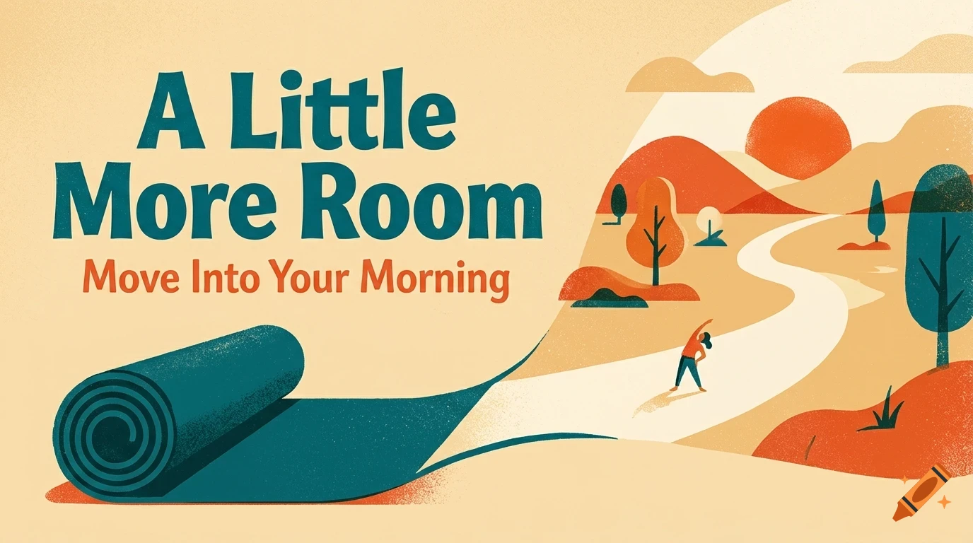 An illustrated poster with the text A Little More Room and Move Into Your Morning, showing a rolled-out yoga mat leading into a winding path through a landscape of hills, trees, and a rising sun.