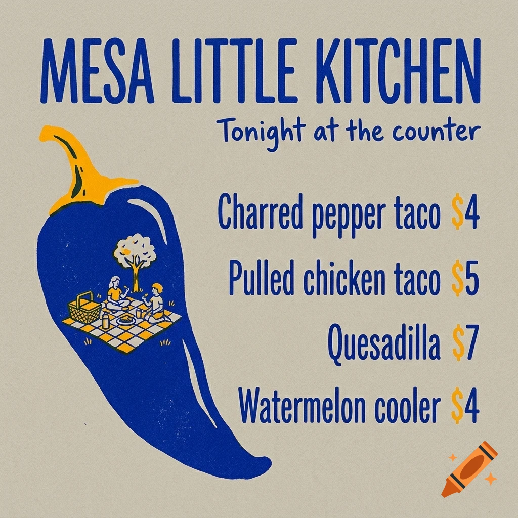 A menu poster for Mesa Little Kitchen featuring a blue pepper illustration with a tiny picnic scene inside and text listing taco and drink prices.