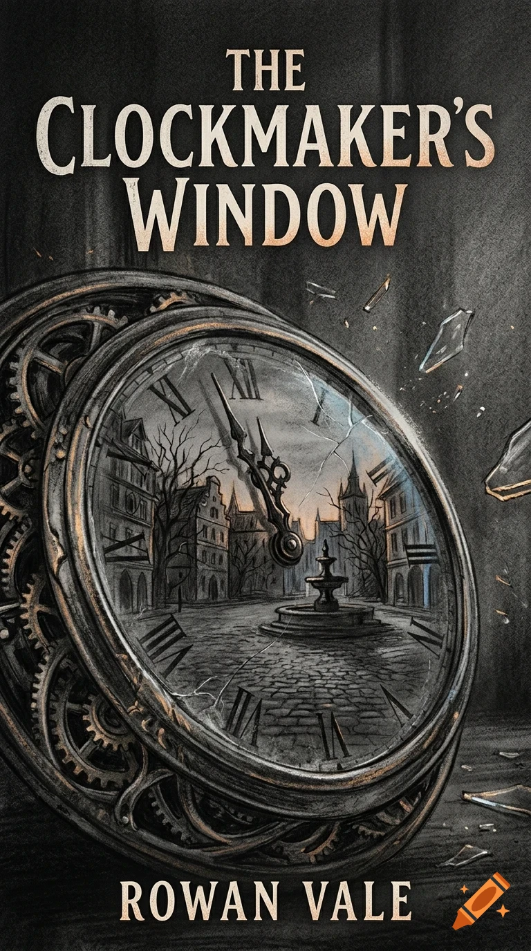 An illustrated book cover featuring a broken clock showing a city square with a fountain inside its face, with the title The Clockmaker's Window and author name Rowan Vale.