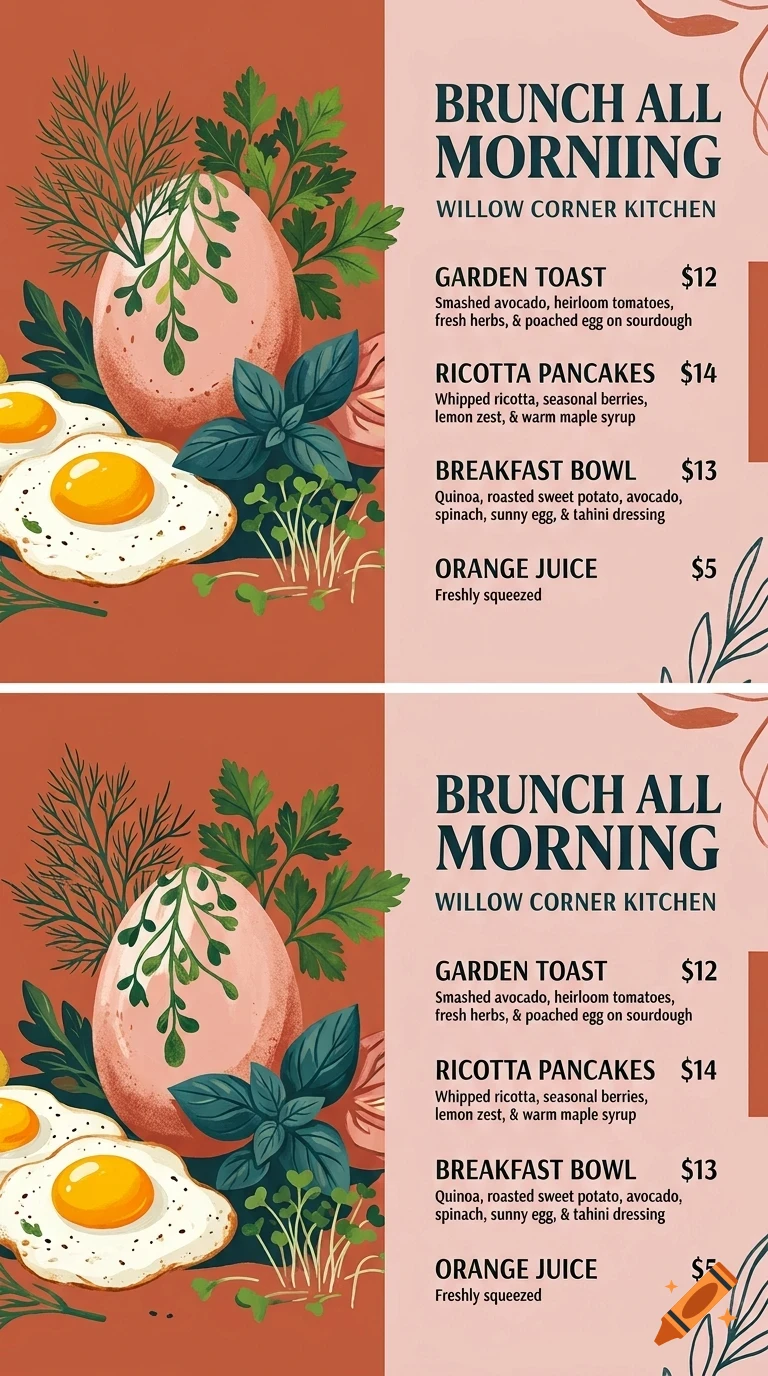 A menu design for Willow Corner Kitchen featuring brunch items, fried eggs, and herbs in a vector illustration style.