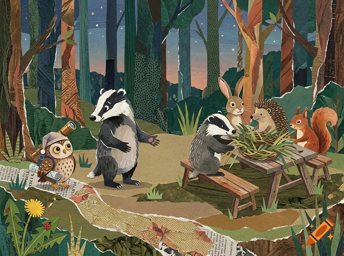A mixed-media collage illustration shows various woodland animals, including badgers, an owl, a rabbit, a hedgehog, and a squirrel, gathered in a forest at dusk.