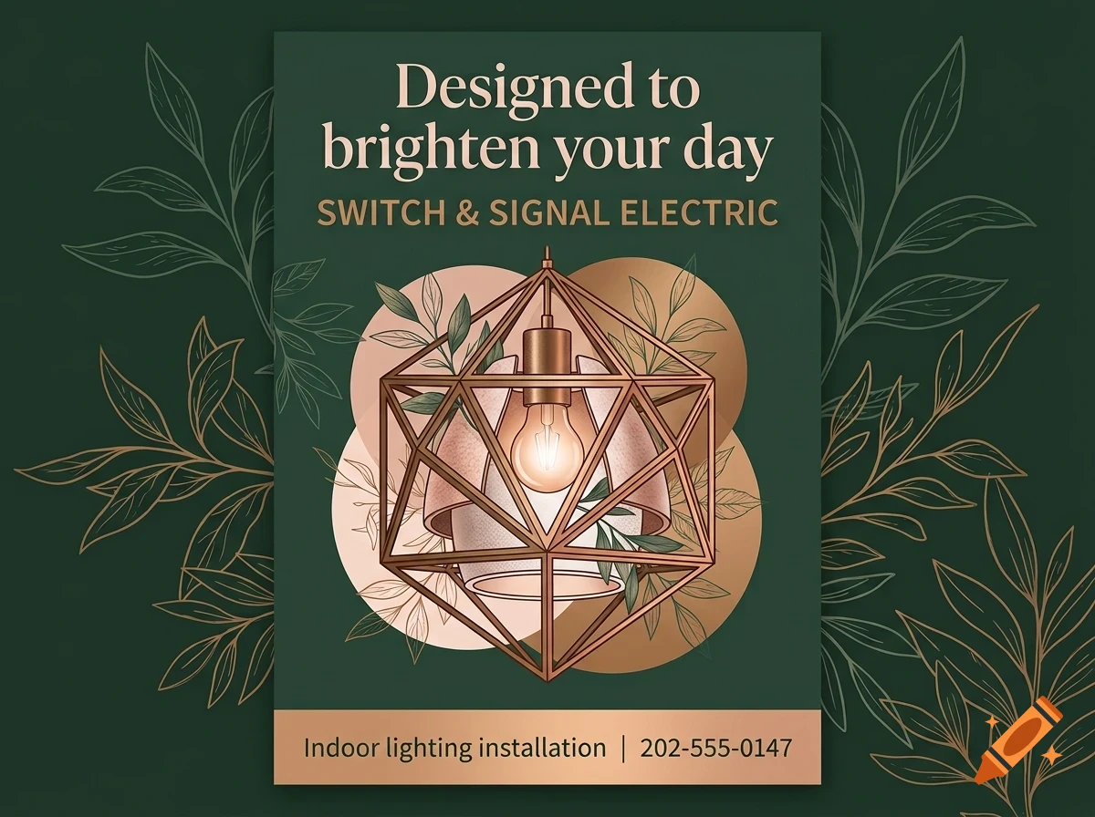 An advertisement for Switch & Signal Electric featuring an illustrated geometric pendant light with botanical elements.
