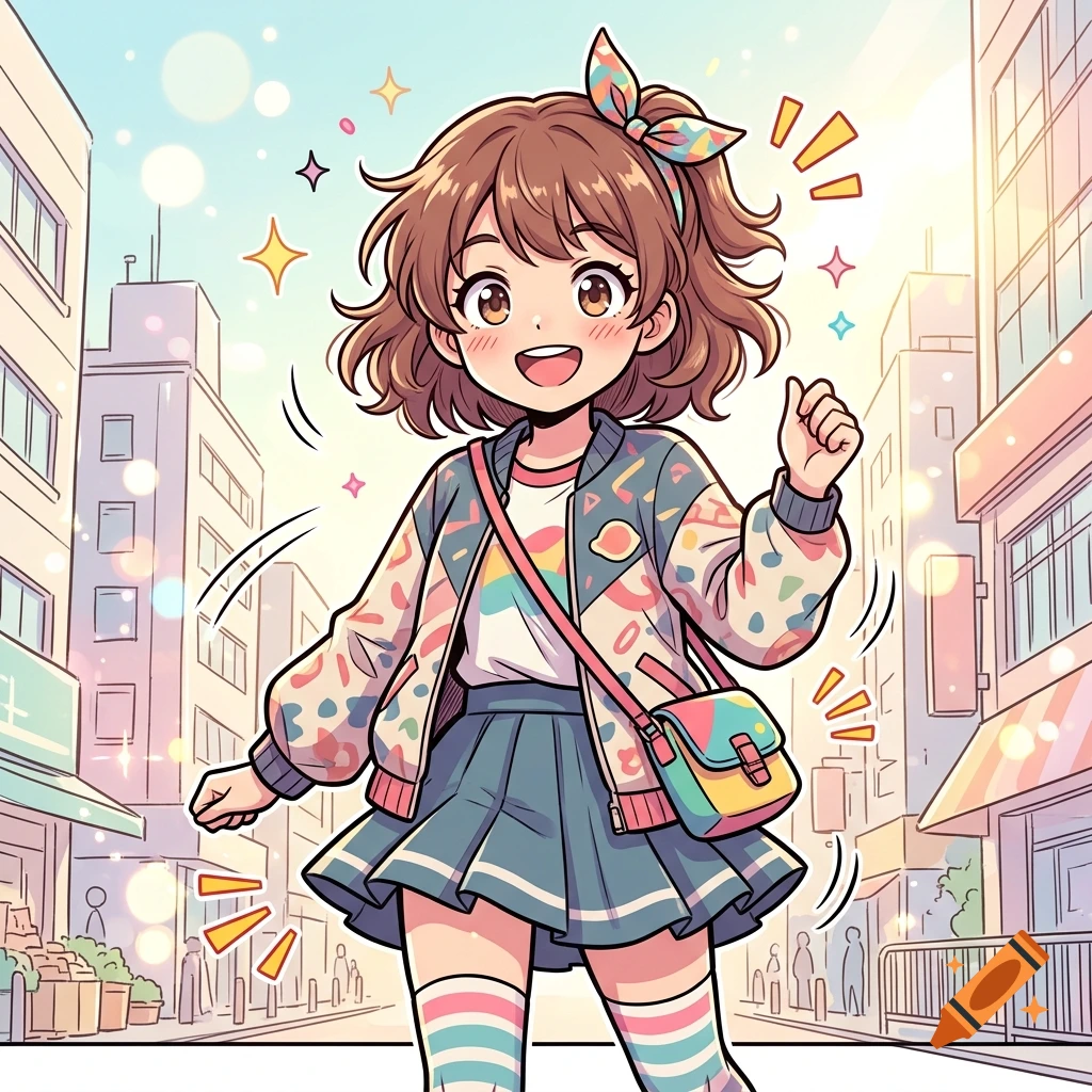 Anime style illustration of a cheerful young girl in a colorful jacket walking down a city street.