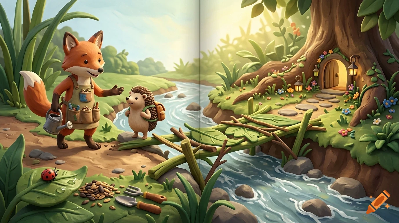 An anthropomorphic fox wearing a gardening apron and holding a watering can talks to a small hedgehog by a stream near a treehouse.