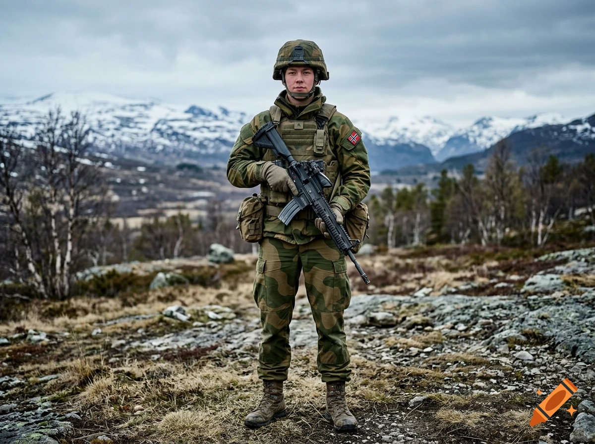 Photorealistic image of a Norwegian soldier in camouflage uniform holding a rifle in a mountainous landscape.