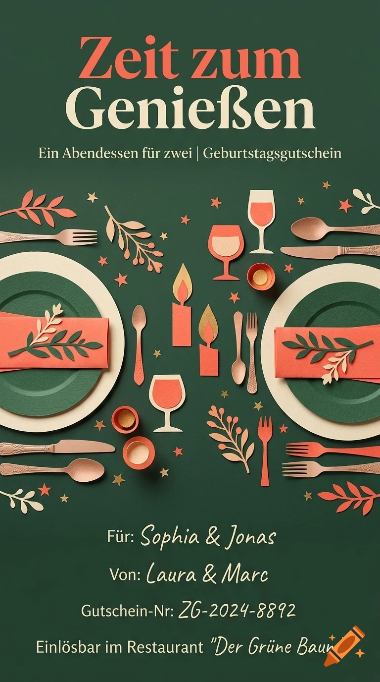 A flatlay papercraft design featuring a table setting with plates, cutlery, wine glasses, candles, and decorative leaves on a dark green background, with German text including Zeit zum Genießen.