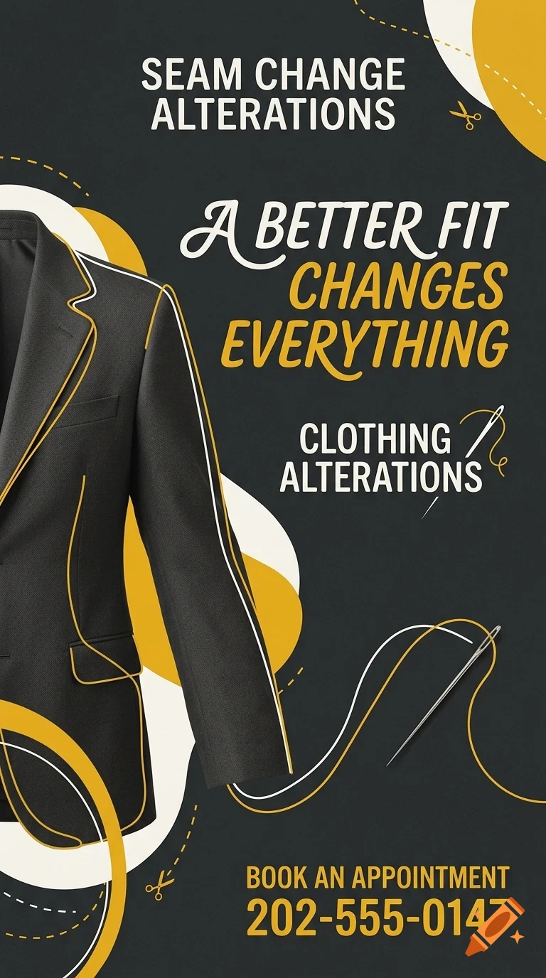 An advertising poster for clothing alterations featuring a suit jacket, sewing needle, thread, and text.
