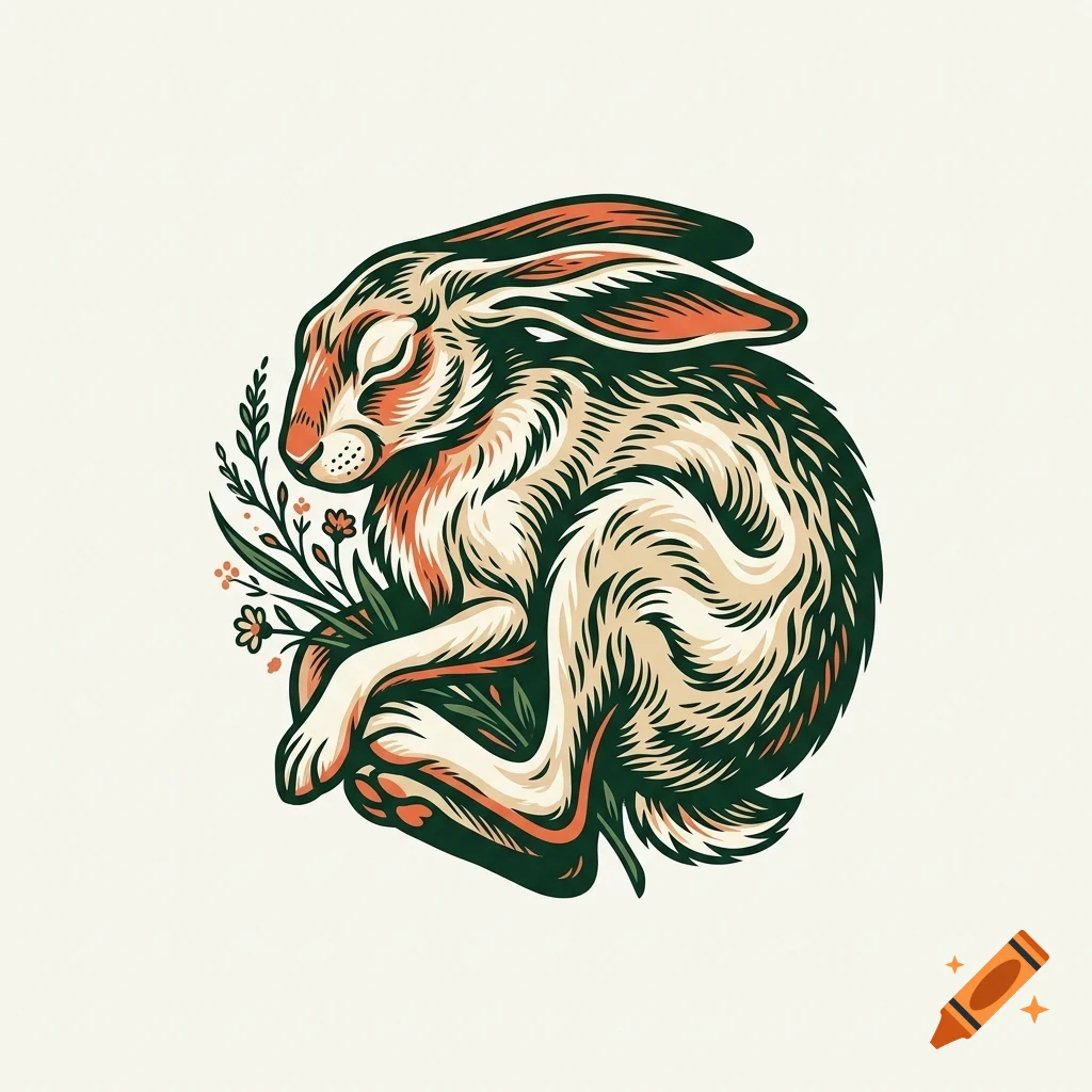 An illustrated vector graphic of a sleeping hare curled up next to flowers.