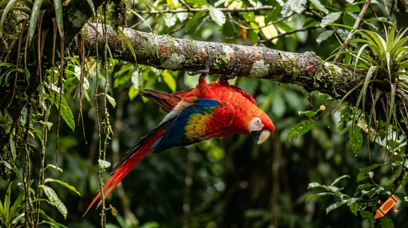 A colorful scarlet macaw hangs upside down from a mossy branch in a lush tropical forest.