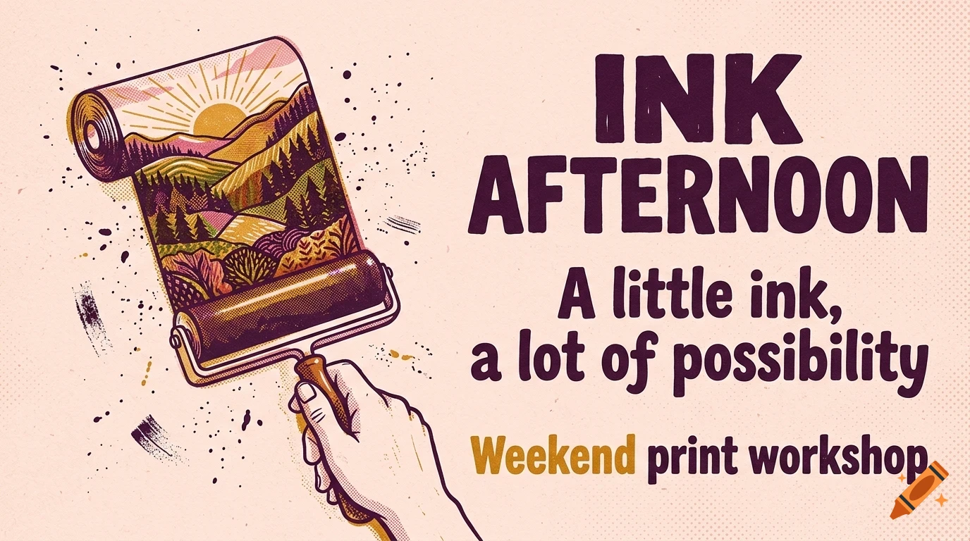 An illustration of a hand holding a print roller unrolling a scenic landscape with hills, trees, and sun, accompanied by the text Ink Afternoon.
