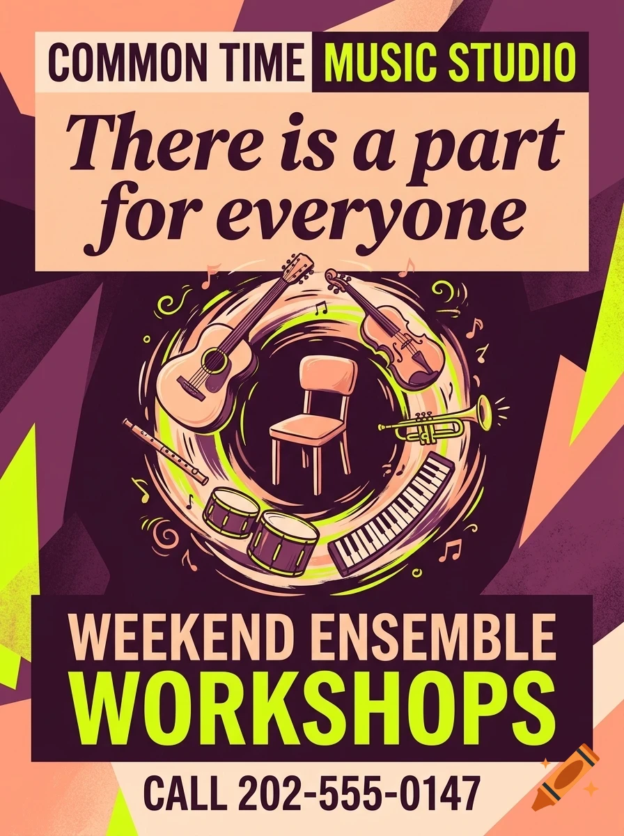 A poster for Common Time Music Studio showing musical instruments arranged around a chair, with the text There is a part for everyone and Weekend ensemble workshops.