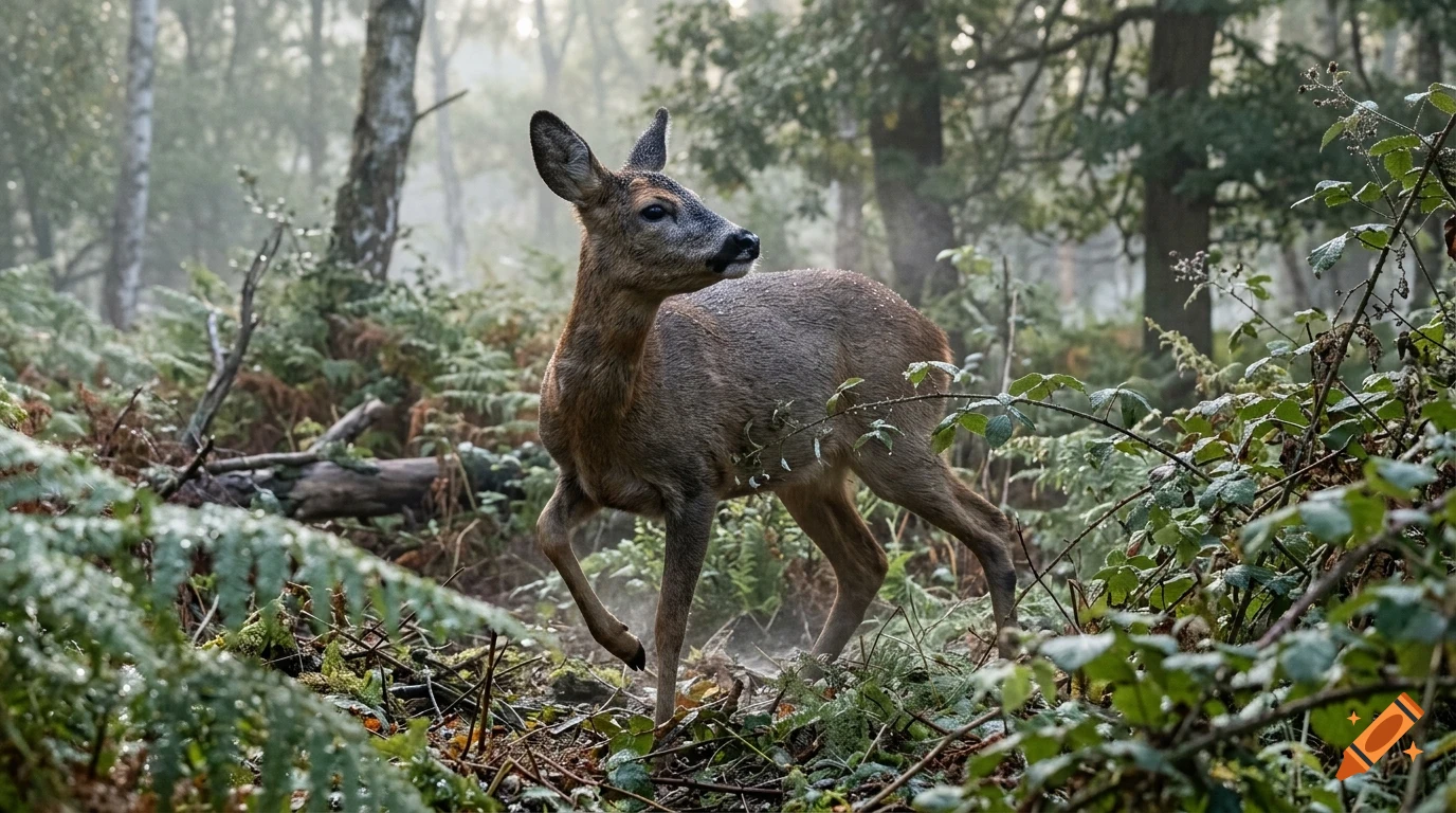 A roe deer stands alert in a misty forest surrounded by green foliage and trees.