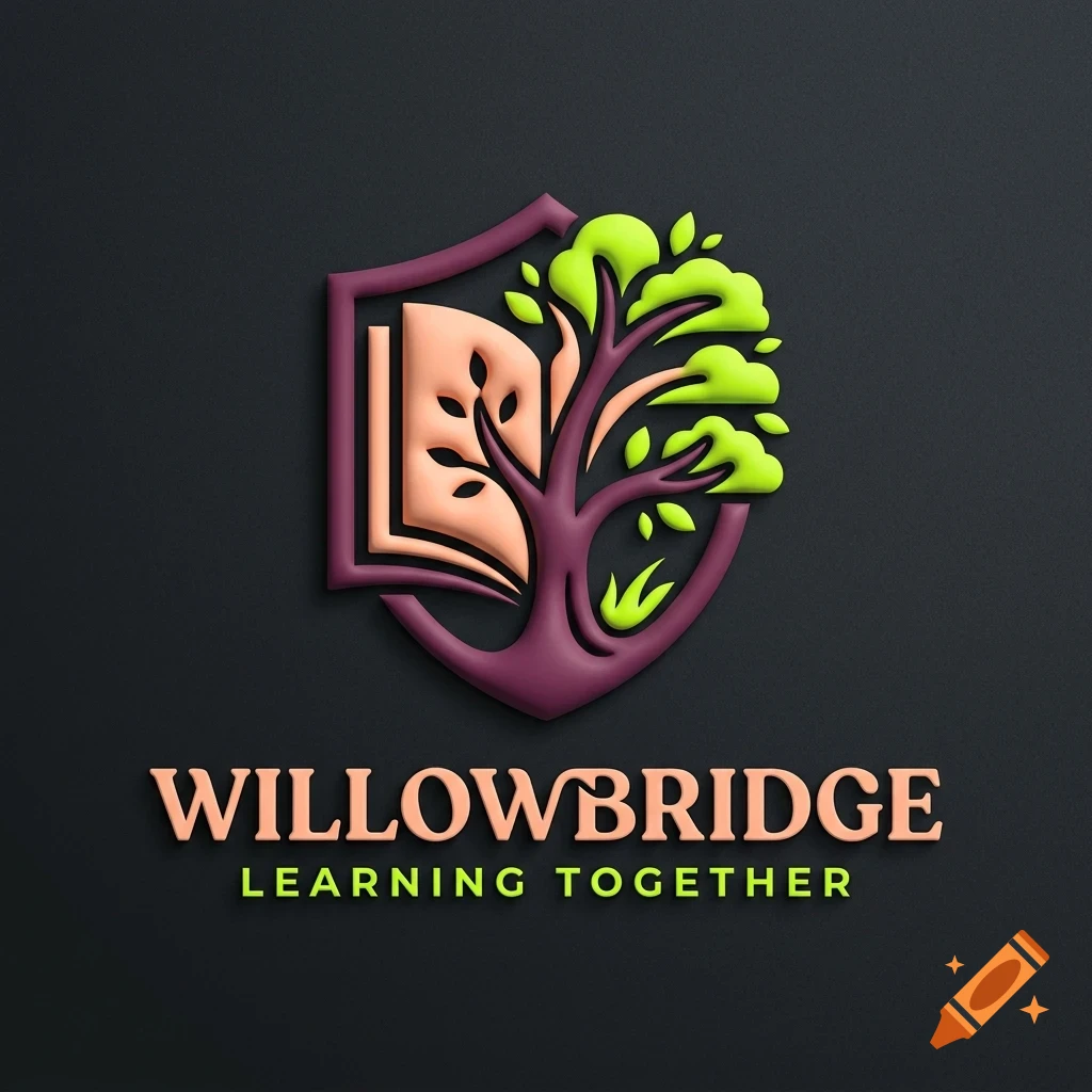 A 3D emblem design featuring an open book and a tree merging into a shield shape, with the text 'WILLOWBRIDGE LEARNING TOGETHER' below against a dark textured background.