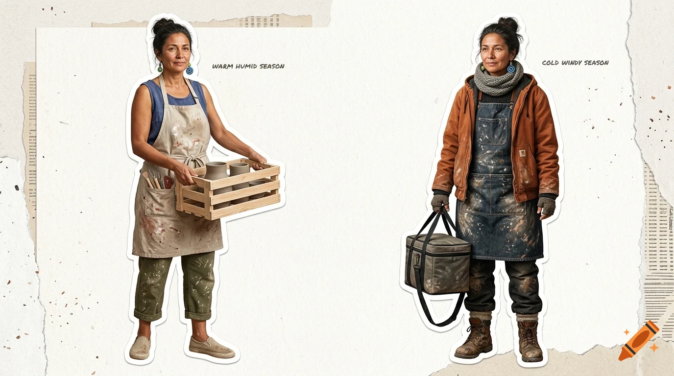 Two full-body cutout illustrations of a woman, one for a warm humid season holding a crate of pottery and one for a cold windy season in winter gear.