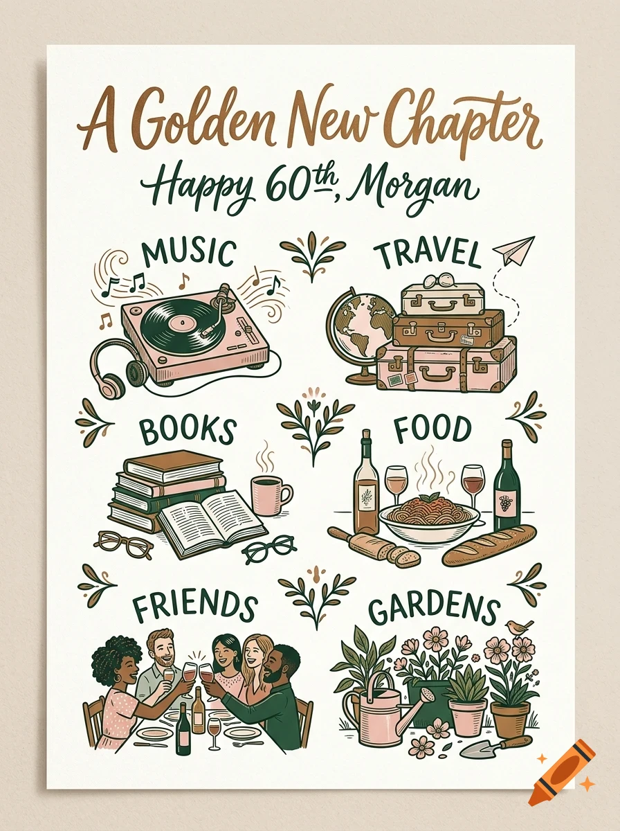 An illustrated poster titled A Golden New Chapter for Morgan's 60th, featuring sections for music, travel, books, food, friends, and gardens.