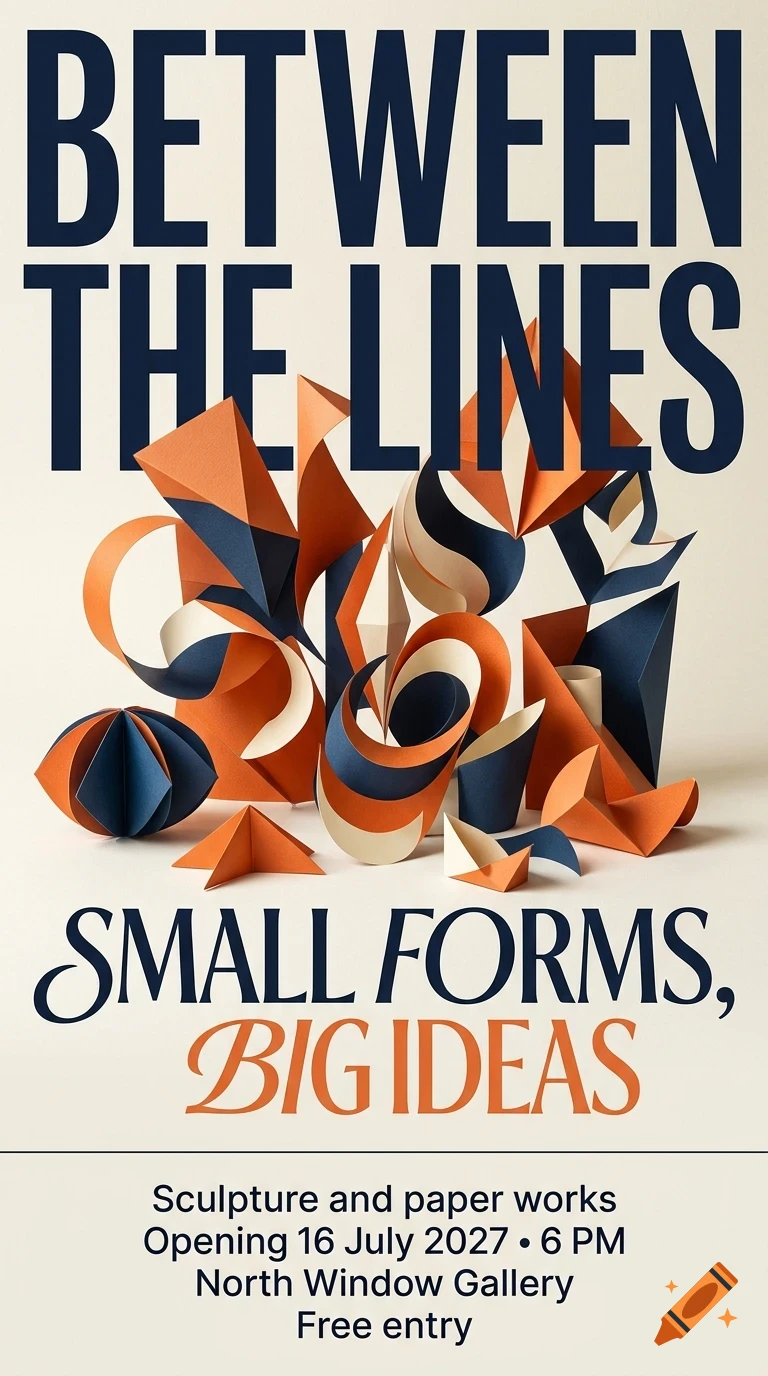 An exhibition poster titled Between the Lines, featuring geometric folded paper sculptures and typography.