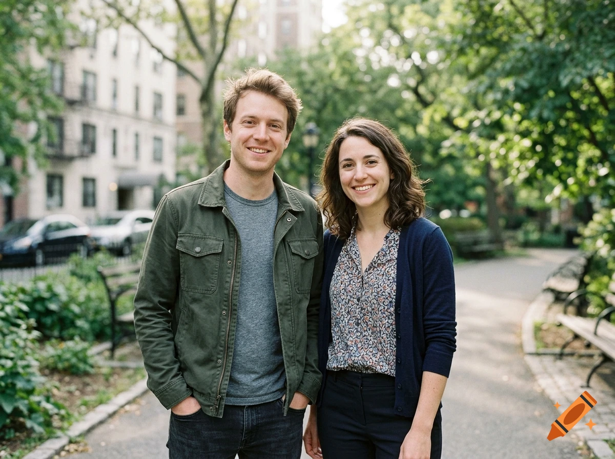 A smiling man and woman standing together on a city sidewalk in a park.