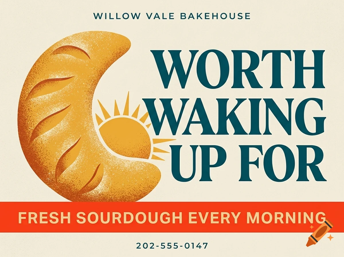 An advertisement for Willow Vale Bakehouse featuring a crescent-shaped loaf of bread, a rising sun graphic, and the text Worth waking up for.