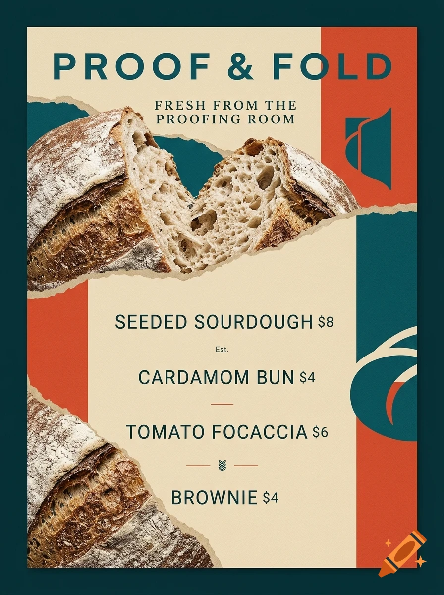 A poster for Proof & Fold bakery, featuring torn paper effects, images of bread, and a menu listing seeded sourdough, cardamom bun, tomato focaccia, and brownie.