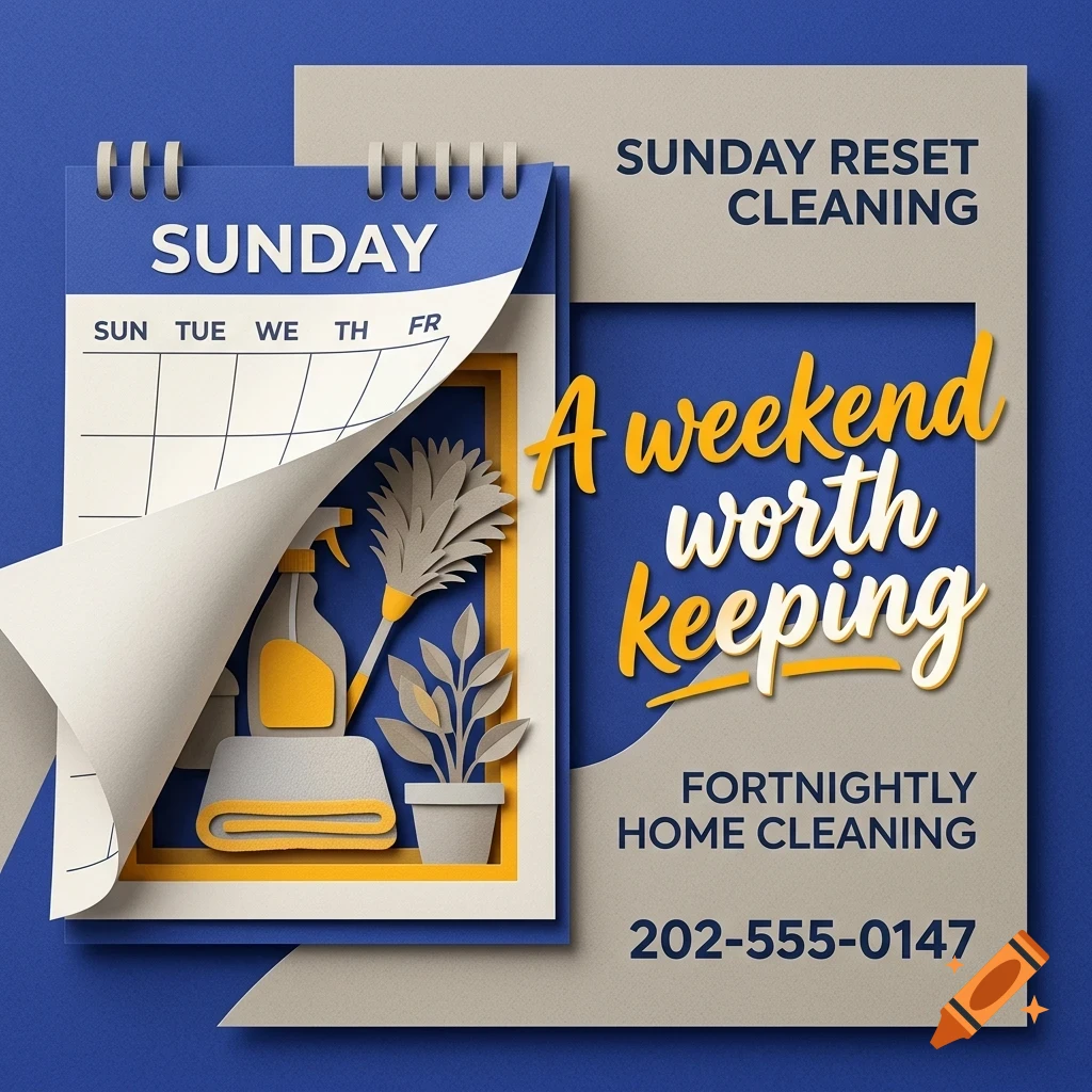 A cleaning service advertisement featuring a calendar page, spray bottle, duster, folded towel, and potted plant in a papercraft style.