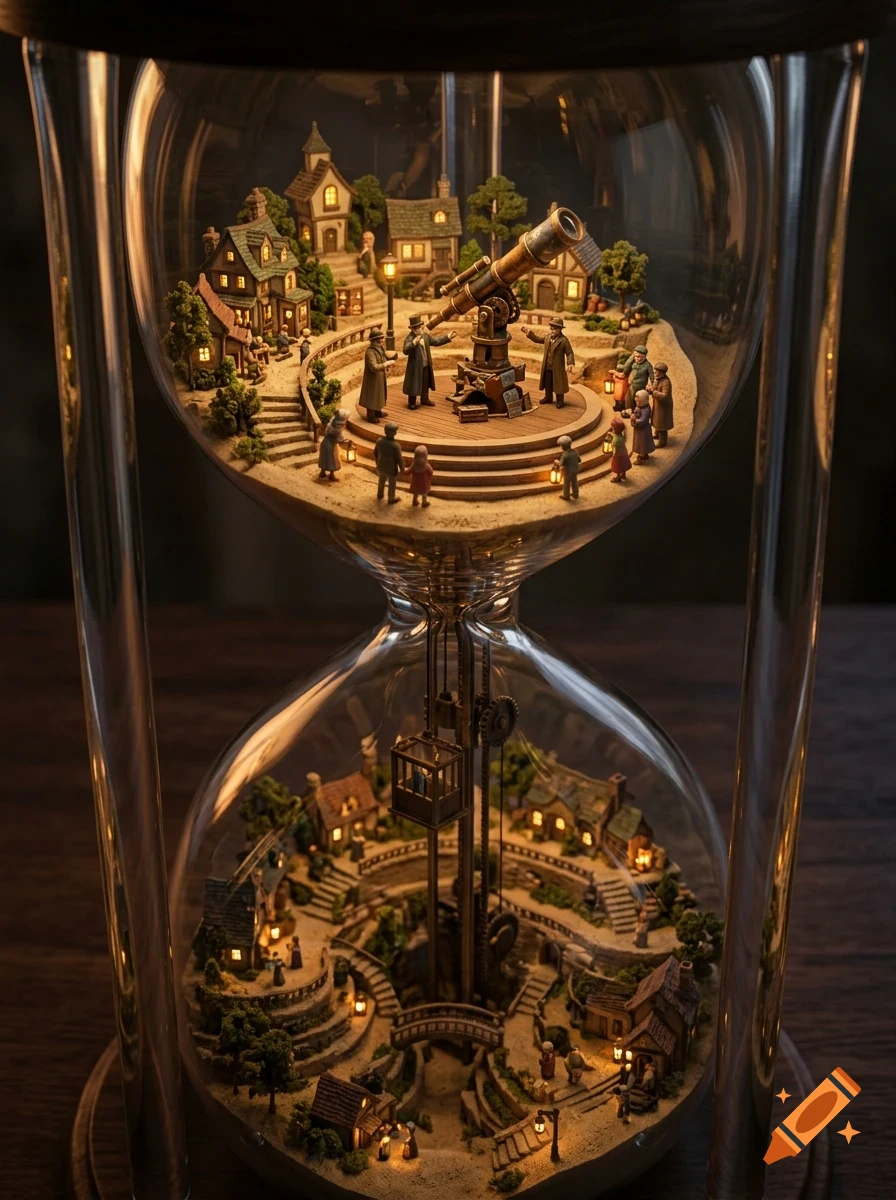 A large hourglass filled with sand, containing detailed miniature villages and tiny figures inside both the upper and lower glass bulbs.