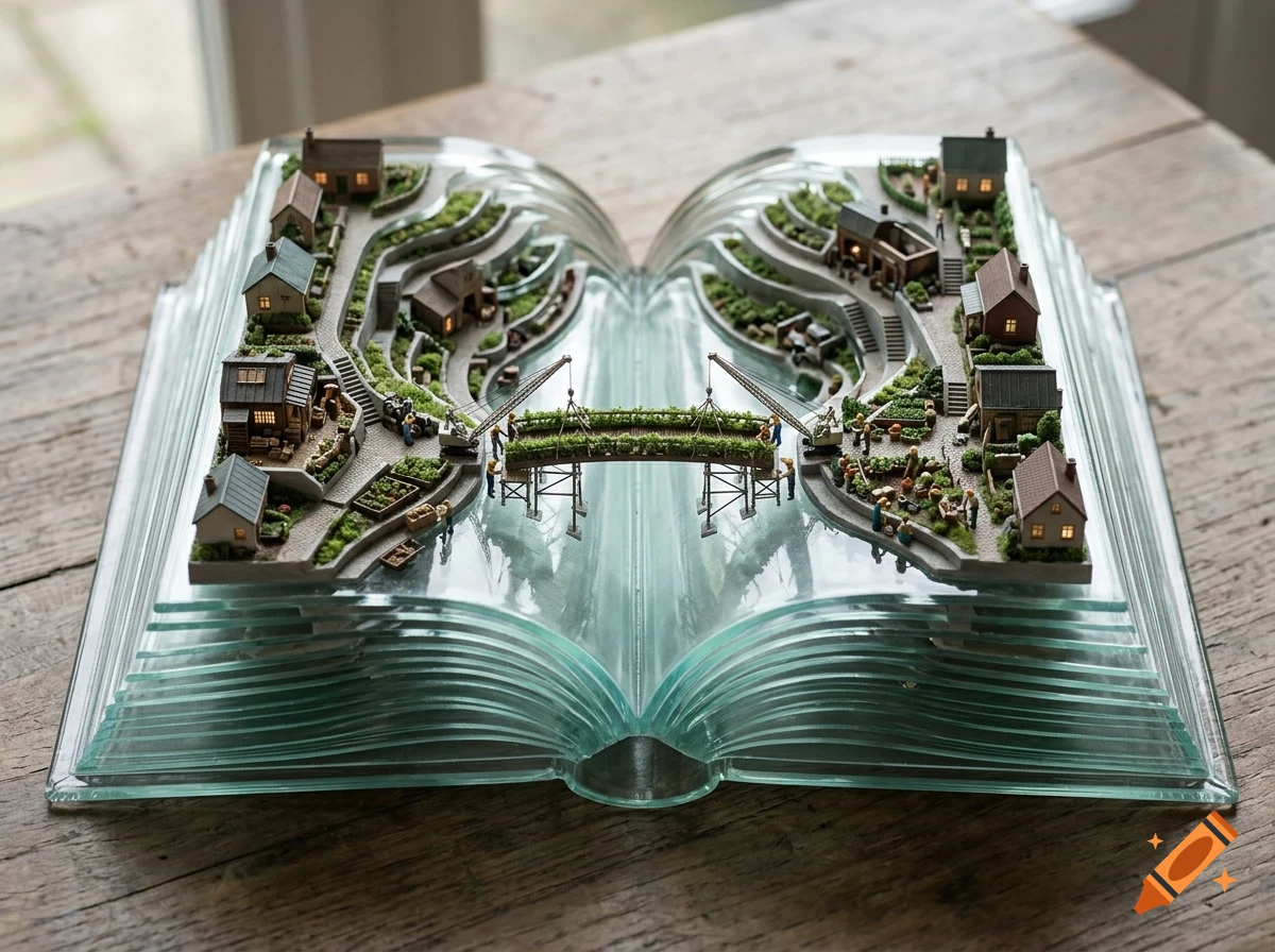 A miniature diorama built into the pages of a carved glass open book, showing tiny houses, gardens, and a bridge connecting the pages on a wooden table.