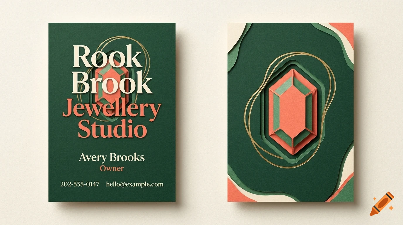 Two business cards with a green, peach, and cream layered paper-cut design featuring a gemstone graphic.