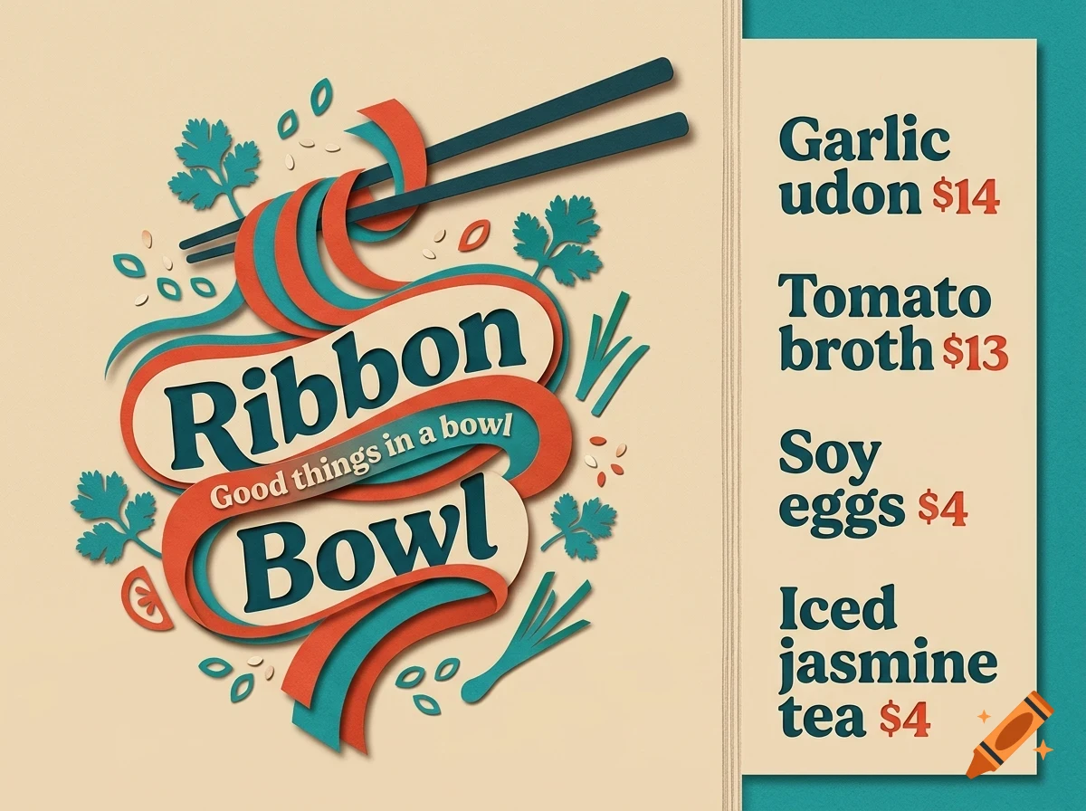 An illustrated menu poster for Ribbon Bowl featuring stylized paper-cut noodles, chopsticks, and herbs, alongside prices for dishes like garlic udon and tomato broth.