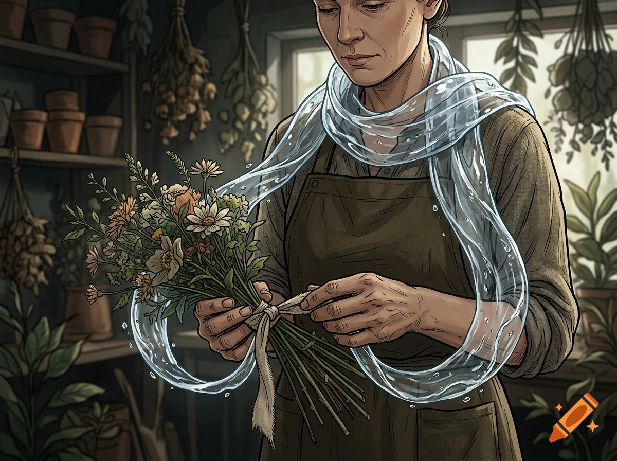 An illustrated portrait of a person holding a bouquet of flowers in a workshop.