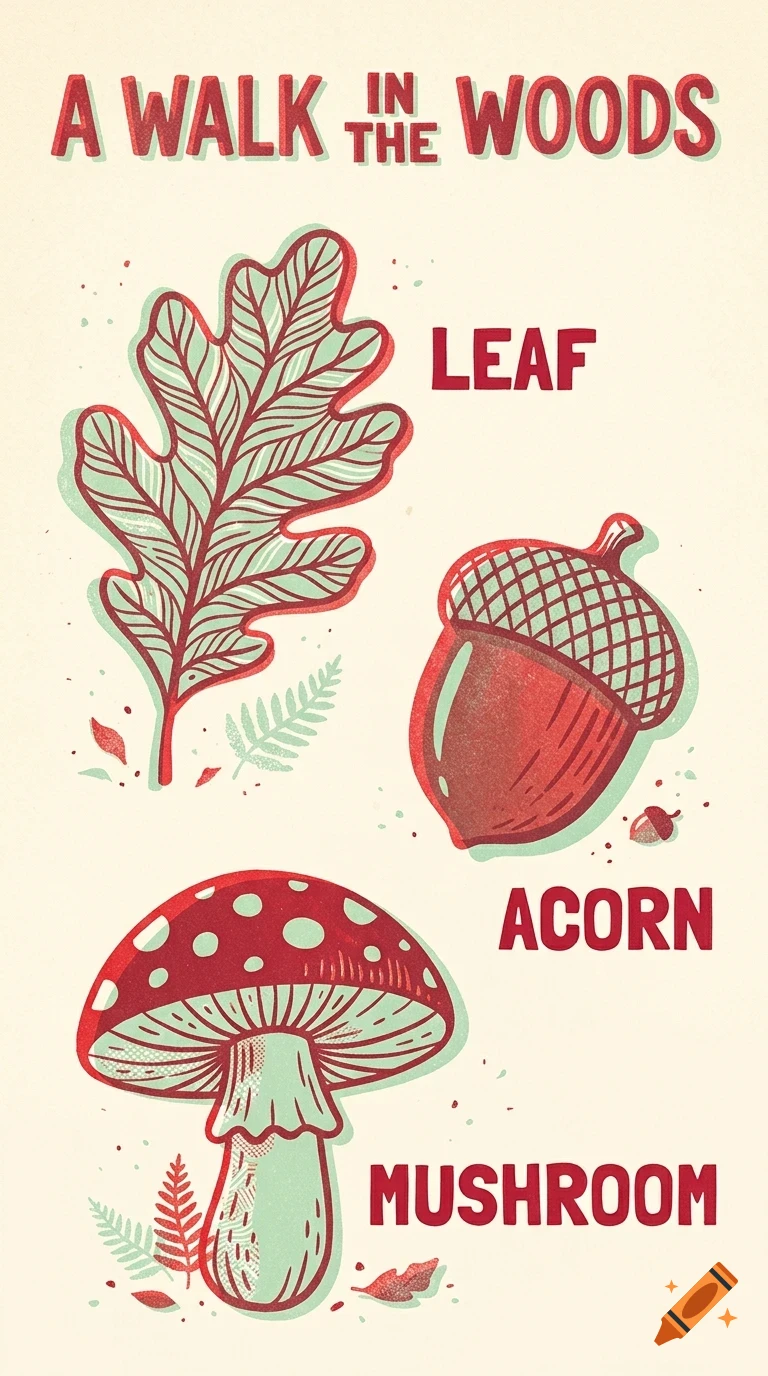 An educational illustration depicting a leaf, an acorn, and a mushroom with labels and the text A WALK IN THE WOODS at the top.