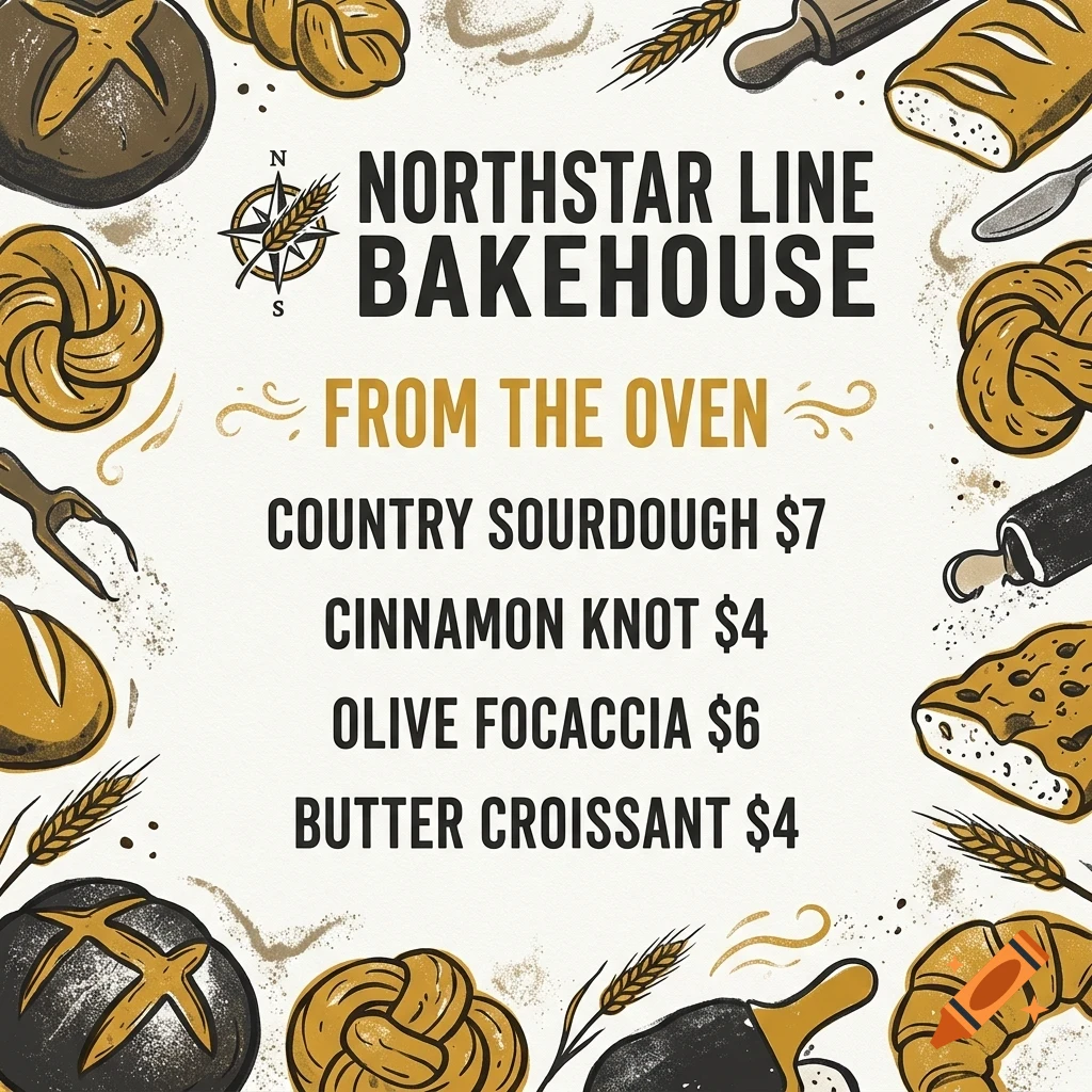 An illustrated menu poster for Northstar Line Bakehouse featuring bread, pastries, and prices.