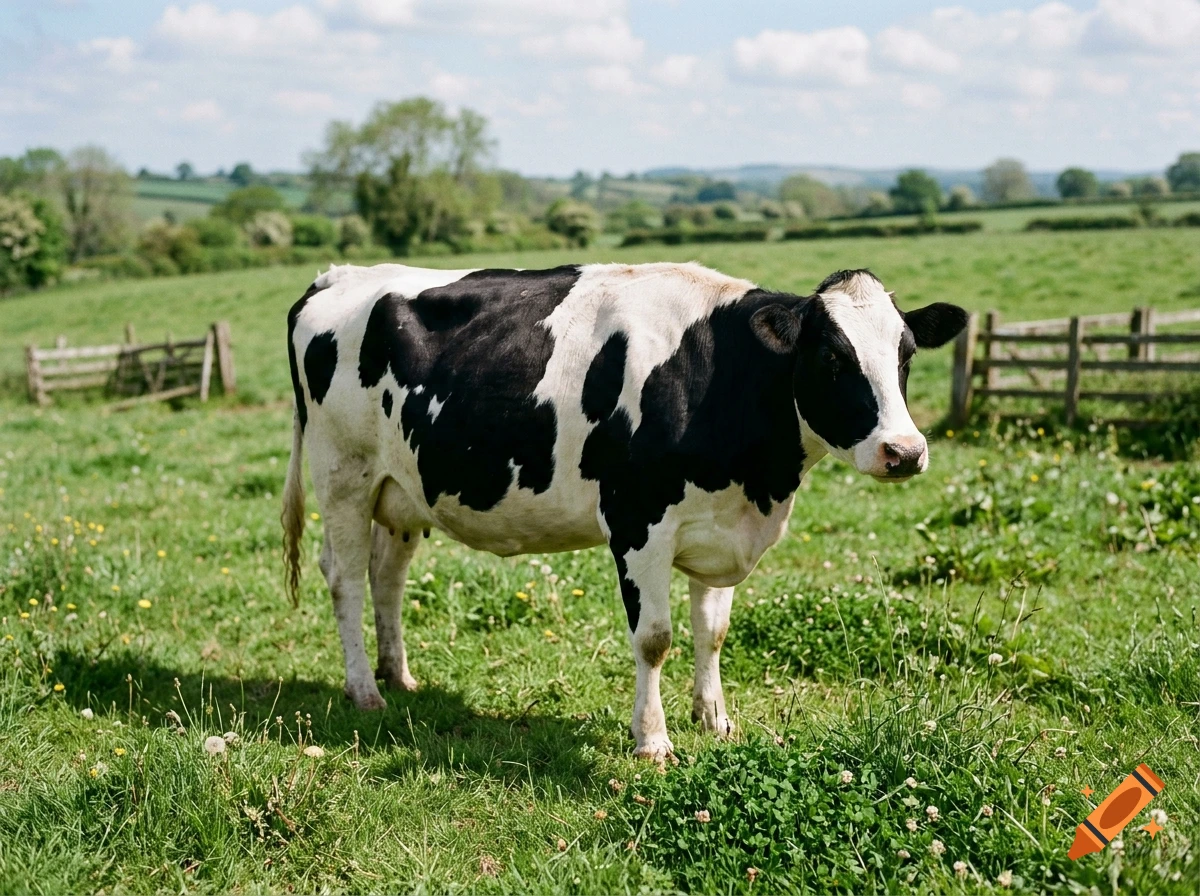 Photorealistic image of a black and white dairy cow standing in a lush green pasture on a sunny day.