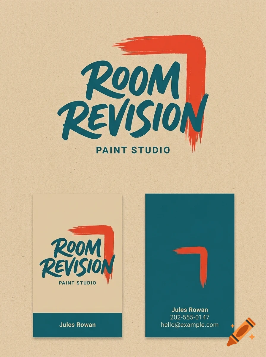 A brand identity design for Room Revision Paint Studio featuring teal brushstroke lettering and a red paint mark, displayed on a textured background alongside business card mockups.