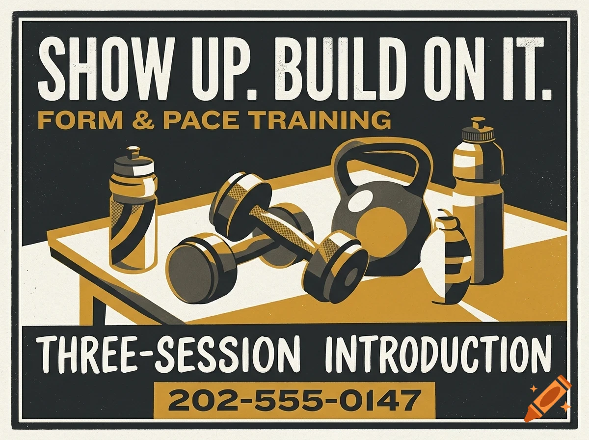 A poster featuring fitness equipment including dumbbells, a kettlebell, and water bottles, with the text 'SHOW UP. BUILD ON IT.' and 'FORM & PACE TRAINING'.