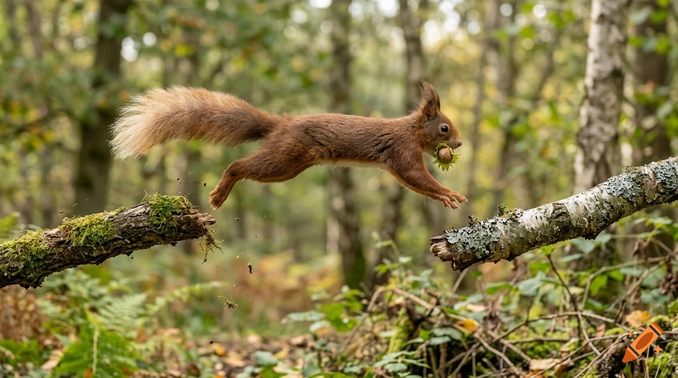 A red squirrel leaping between logs in a forest while holding a nut in its mouth.