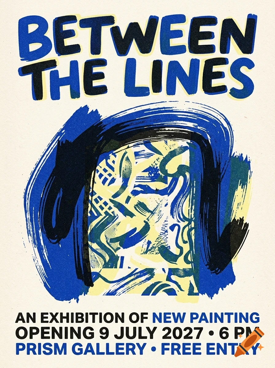 An exhibition poster reading 'Between the Lines' with blue brush strokes and text detailing a painting exhibition opening 9 July 2027.