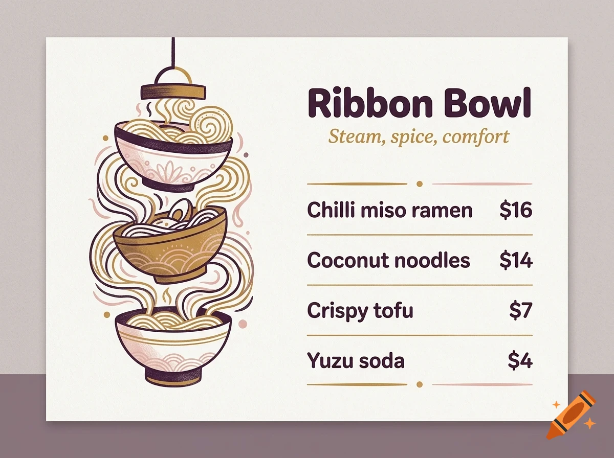 An illustration of a restaurant menu titled Ribbon Bowl with a vertical stack of three noodle bowls and menu items with prices.