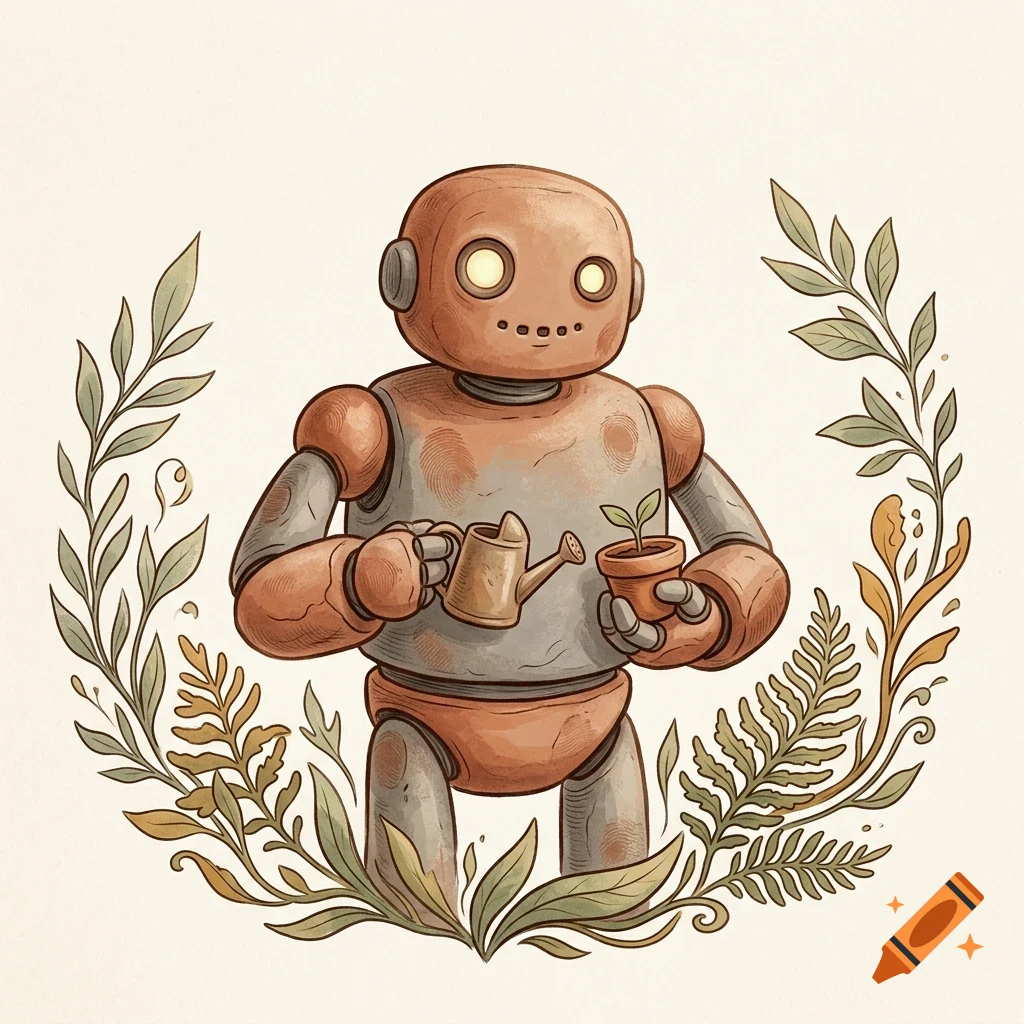 An illustration of a rusty robot holding a small watering can and a potted plant, framed by leaves and ferns.